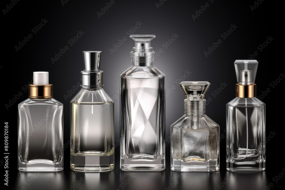 Several glass bottles lined up closely next to each other on a flat surface Several glass bottles lined up closely next to each other on a flat surface