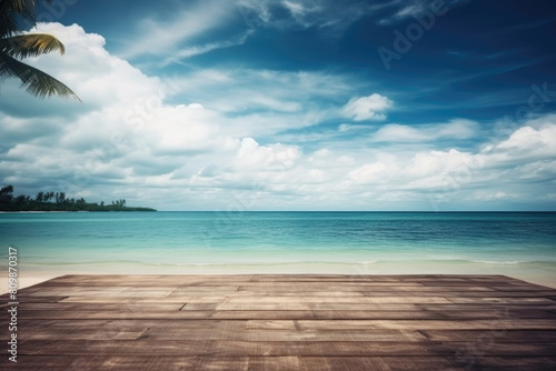 A wooden deck stands overlooking the vast ocean, with a palm tree in the foreground