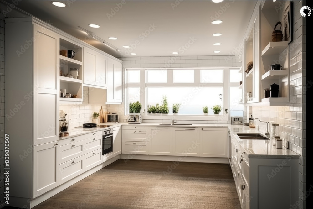 A kitchen featuring white cabinets and a wooden floor A kitchen featuring white cabinets and a wooden floor