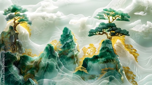 Traditional golden jade landscape trees scenery poster background