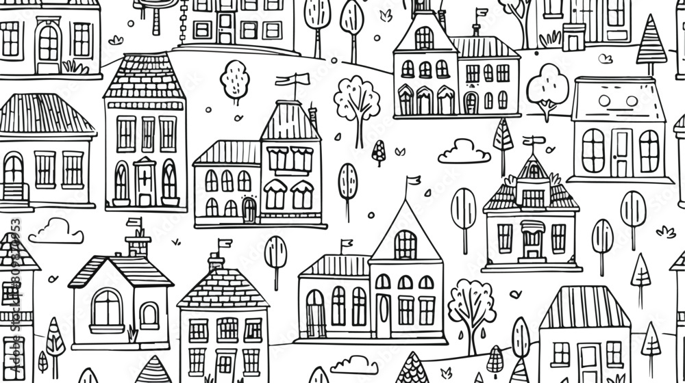 Seamless pattern with suburban houses on white background