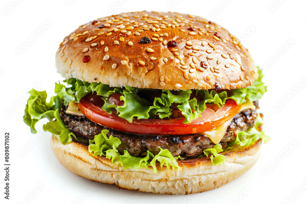 a hamburger with lettuce  tomato  and cheese