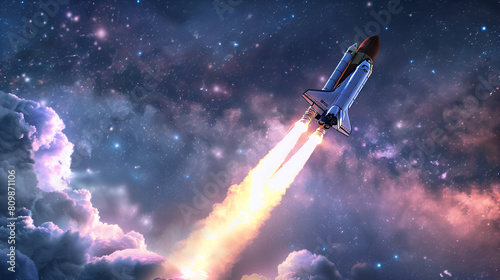 Spaceship takes off into the starry sky. Launch of Space. Elements of this image furnished,Glowing space shuttle with smoke and blast takes in stary sky,Space shuttle in the space near Earth 