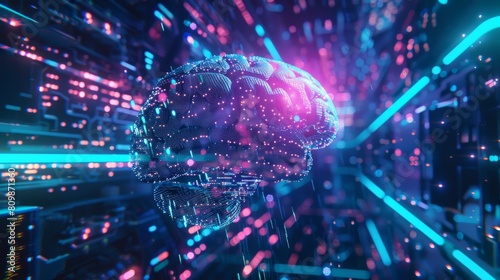 A glowing blue and pink brain against a dark blue background with bright blue and pink lights streaking past it.