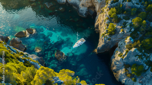 Drone Aerial Photo of a Sailing Yacht in the Transparent Turquoise Waters of an Island