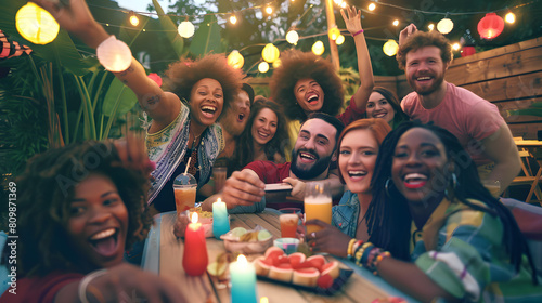 A merry crowd of friends raising their glasses in a toast at an outdoor gathering with festive lights