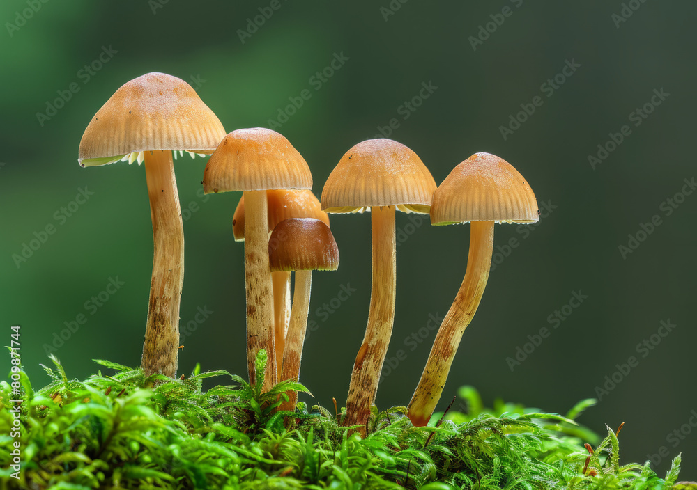 A group of brown mushrooms growing on moss in a forest A group of brown mushrooms growing on moss in a forest