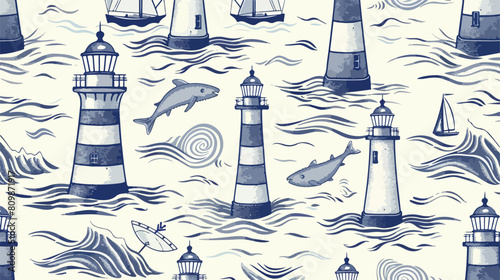 Seamless pattern with different lighthouses drawn wit photo
