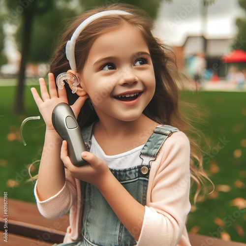  Child girl with hearing aids and cochlear implants having fun outdoor speak and playing. Inclusion and disability.
