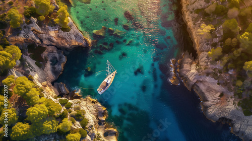 Drone Aerial Photo of a Sailing Yacht in the Transparent Turquoise Waters of an Island