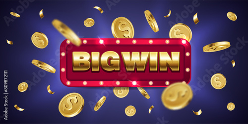 Big Win. Retro big win congratulation poster with explosion of golden confetti and coins. Poker jackpot, roulette or lottery winner gambling vector banner. Online cash, casino winnings © Frogella.stock