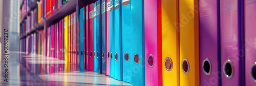 Various binders in bright colors neatly arranged in a row on a wall photo