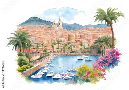 Monaco Country Landscape Watercolor Illustration Art