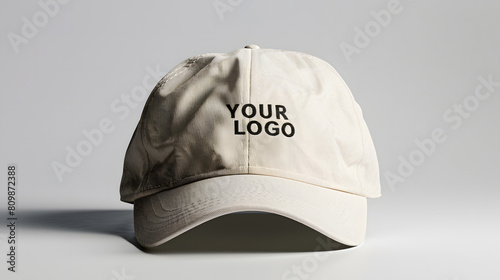 A blank beige baseball cap stands out against a neutral backdrop, offering an ideal template for branding
