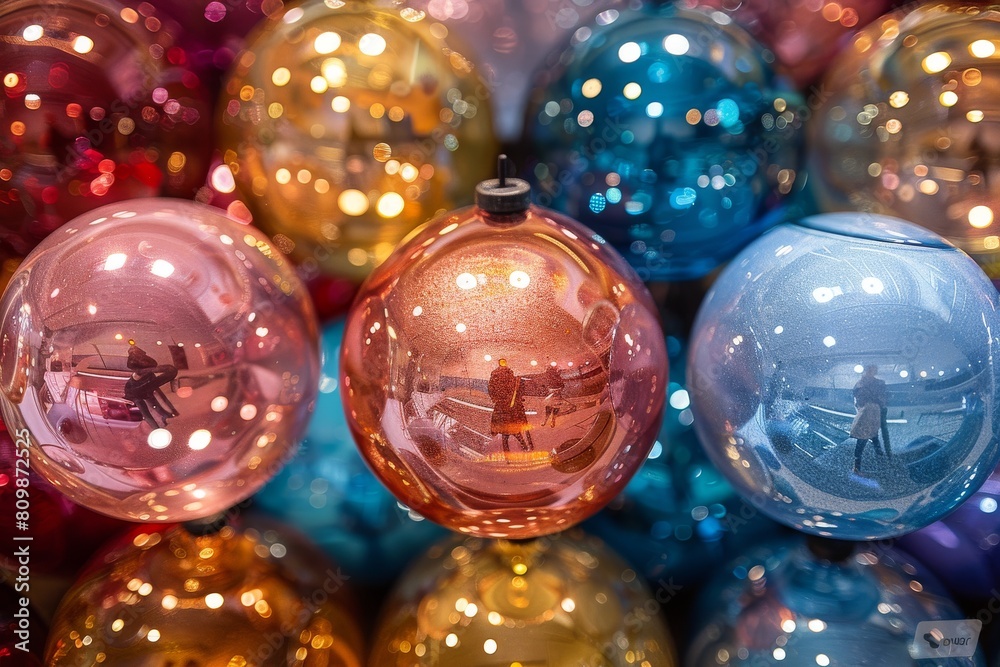 Image of Christmas baubles at market with reflections of people and surroundings, conveying holiday spirit Image of Christmas baubles at market with reflections of people and surroundings, conveying holiday spirit