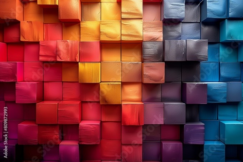 A striking pattern comprised of 3D blocks in various shades of red, orange, and blue, creating a visually compelling quilt-like texture effect photo