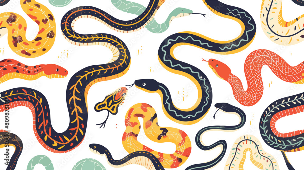 Seamless pattern with various snakes or serpents on w
