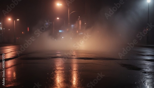 Wet asphalt, reflection of neon lights, a searchlight, smoke. Abstract light in a dark empty street with smoke, smog. Dark background