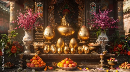 Ornate Golden Egg Display in a Sacred Buddhist Temple with Floral and Fruit Offerings