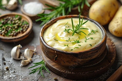 Immerse yourself in the creamy goodness of béarnaise sauce, its velvety texture and rich aroma captivating photo