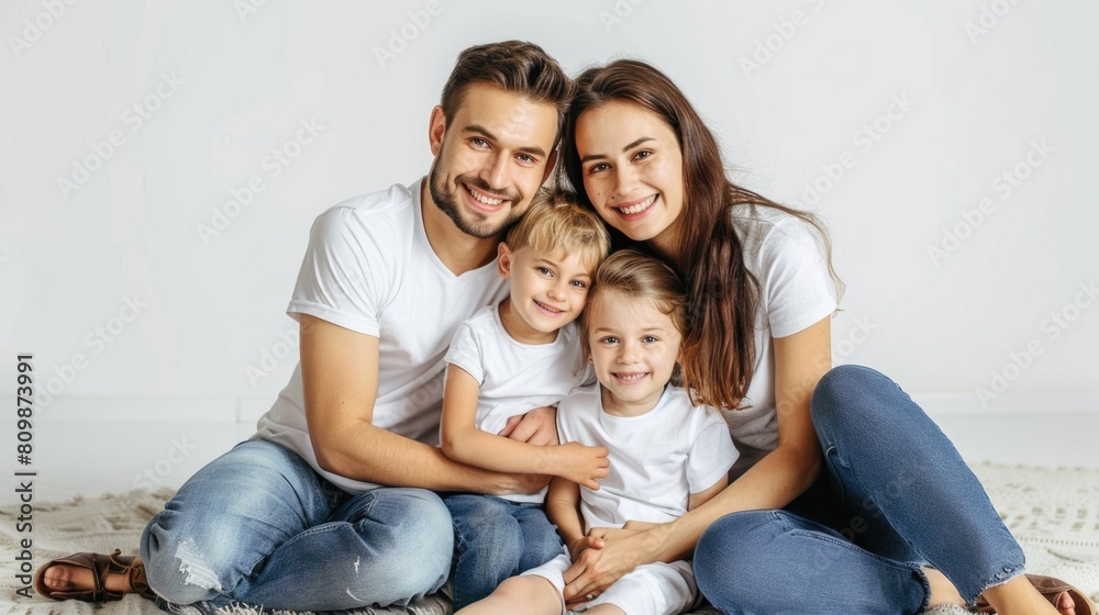 Beautiful and happy smiling young family sitting floor looking towards camera on white background