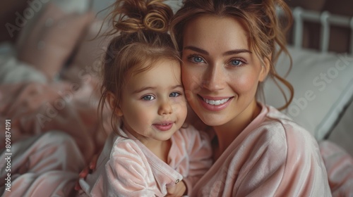 Cute daughter with his mother at home sitting sofa looking at camera happy mothers day