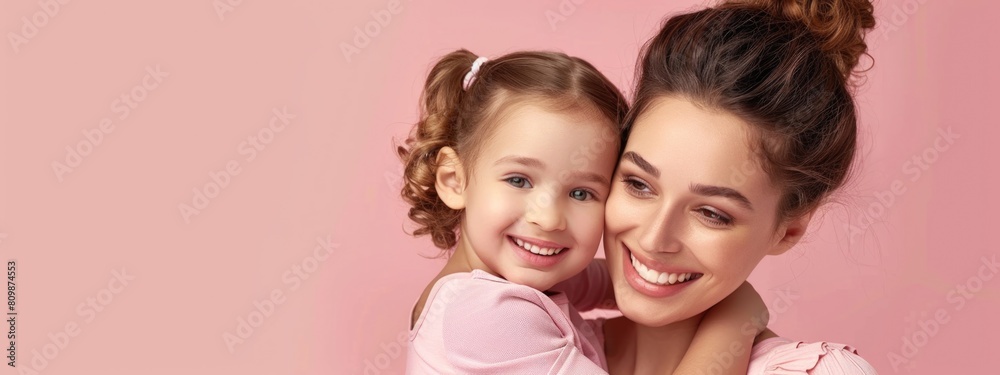 Happy Mom with her cute little baby on pink background happy mother day concept Happy Mom with her cute little baby on pink background happy mother day concept