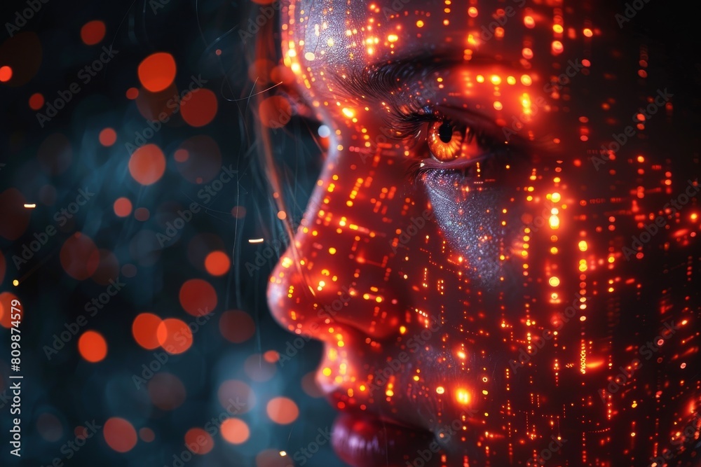 A side of a seemingly digital face is obscured by a vibrant bokeh effect, merging human features with abstract artistry A side of a seemingly digital face is obscured by a vibrant bokeh effect, merging human features with abstract artistry