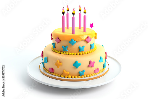 3d two tier birthday cake in cartoon style isolated on white background