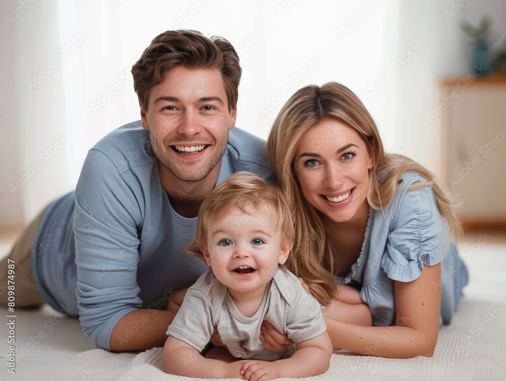 Happy Smiling parents with little cute baby son lie down on bed