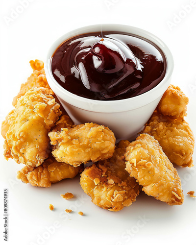 Dynamic image of chicken nuggets dipped in BBQ sauce, ready to tantalize taste buds. AI generative technology ensures mouthwatering realism. photo