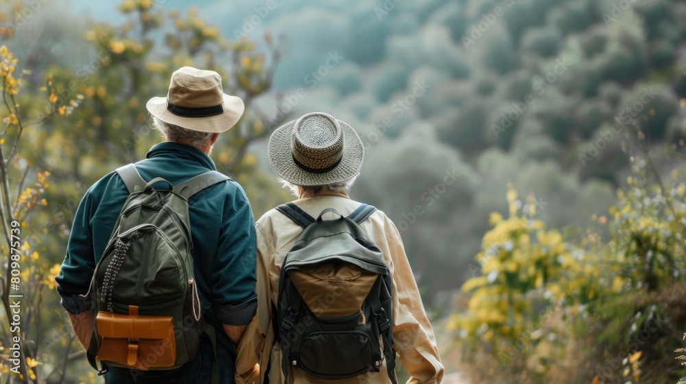 Rear view of an elderly couple during hiking