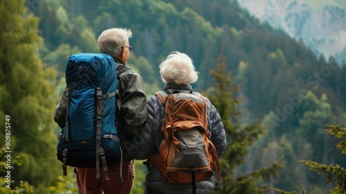 Rear view of an elderly couple during hiking