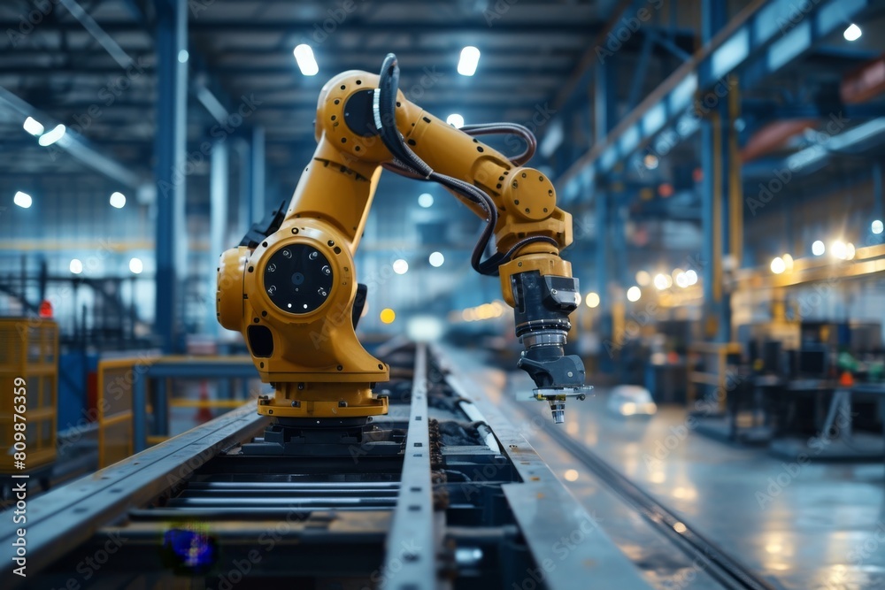 The industrial robot works automatically in the smart autonomous factory, illustration Industrial robot works, AI-generated