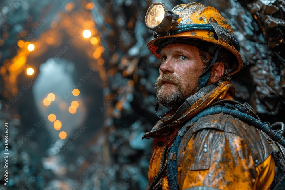A miner adorned with safety equipment inspects a mine shaft, with a blurred face and glowing lights in the background A miner adorned with safety equipment inspects a mine shaft, with a blurred face and glowing lights in the background