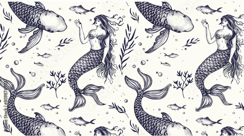 Seamless pattern with swimming mermaids hand drawn wi