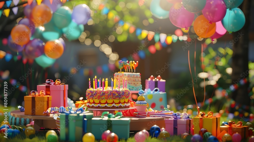 A beautifully decorated outdoor garden with balloons, streamers, a colorful birthday cake on a table, and a pile of neatly wrapped gifts nearby, captured in 8K