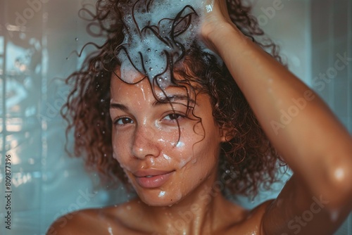 Portrait of a woman shampooing her hair in the shower, her expression calm and content