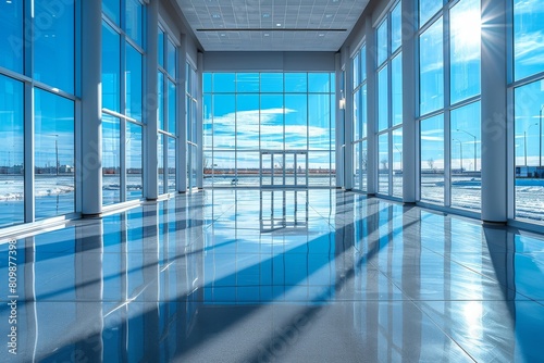 A stunning view of a modern office lobby, featuring a reflective blue floor and expansive glass windows