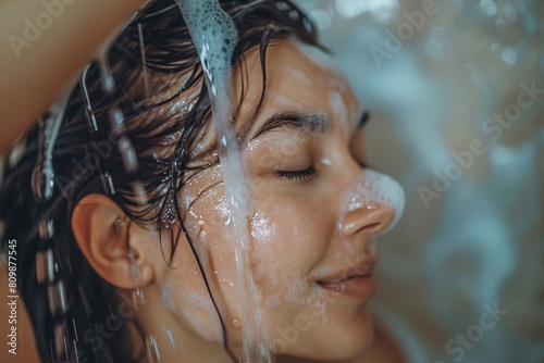 Portrait of a woman shampooing her hair in the shower, her expression calm and content