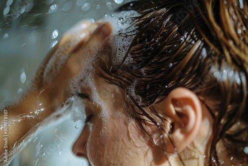Close-up of a woman's face as she rinses shampoo from her hair under the shower stream photo