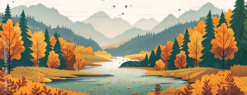 A serene river winding through a peaceful valley, flanked by colorful autumn trees. Vector flat minimalistic isolated illustration. 4K Video photo