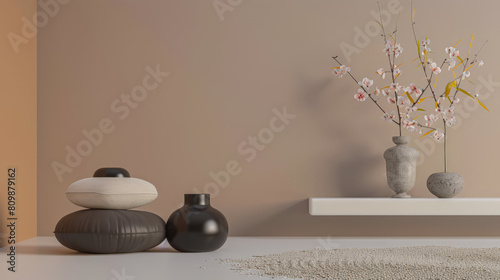 Minimalist zen interior design in warm tones with natural elements and window lighting. Relaxing interiors  meditation spaces.