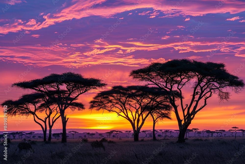 An enchanting photograph of a colorful sunset over a vast savanna with silhouetted acacia trees