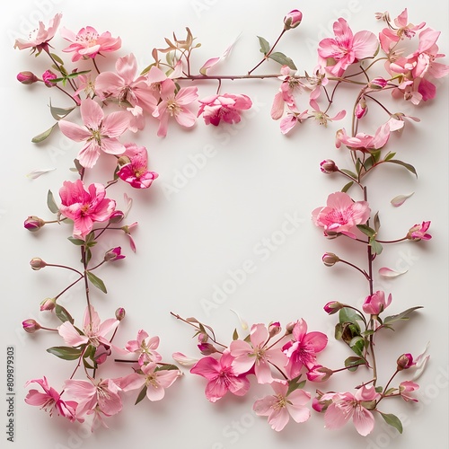 Delicate square wreath with pink flowering branches for wedding and birthday invitations  greeting cards and business cards.