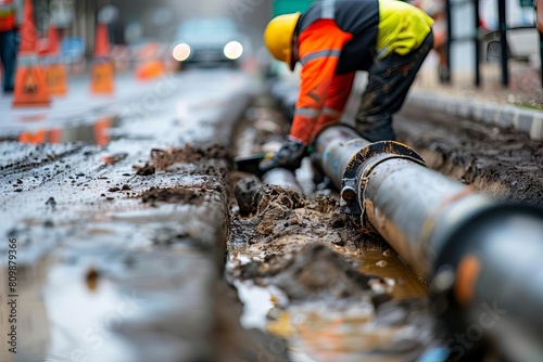 construction worker installing underground utility pipes on city street infrastructure maintenance concept photo