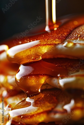 An enchanting close-up of thick, amber-hued maple syrup cascading down the side of a stack of fluffy pancakes