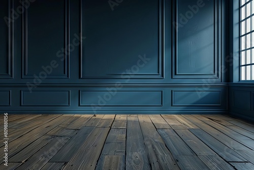 dark blue empty room with wooden floor minimalist interior design background 12