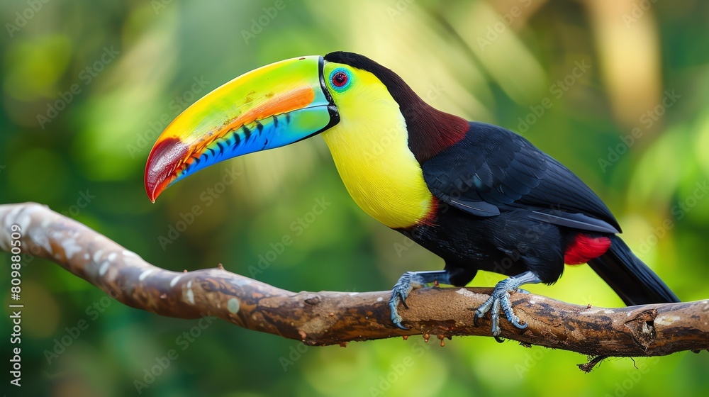 A brightly colored toucan sits on a branch in the rainforest. A brightly colored toucan sits on a branch in the rainforest.