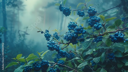 A blueberry bush covered in clusters of deep blue berries  set against a misty forest background